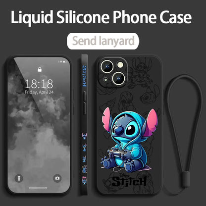 Stitch LOVE Flowers Cover For Apple iPhone 16 15 14 13 12 11 8 7 Pro mini Max Plus Liquid Left Rope Soft Phone Case