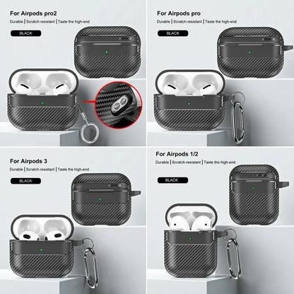Waterproof Carbon Fiber Texture Silicone Earphone Case With Hook Loop For Apple Airpods Pro 2 Air Pods 3 Shockproof Funda Cover