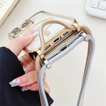 Luxury Necklace Cord Rope Lanyard Plating Magnetic Clear Phone Case For iPhone 16 14 11 12 13 15 17 Pro Max For Magsafe Cover