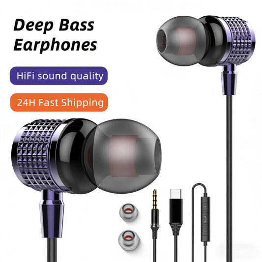 USB Type C Earbuds Metal Heavy Bass Earphones In Ear Noise Reduction 3.5mm Wired Headphones with Mic for Samsung Galaxy iPhone