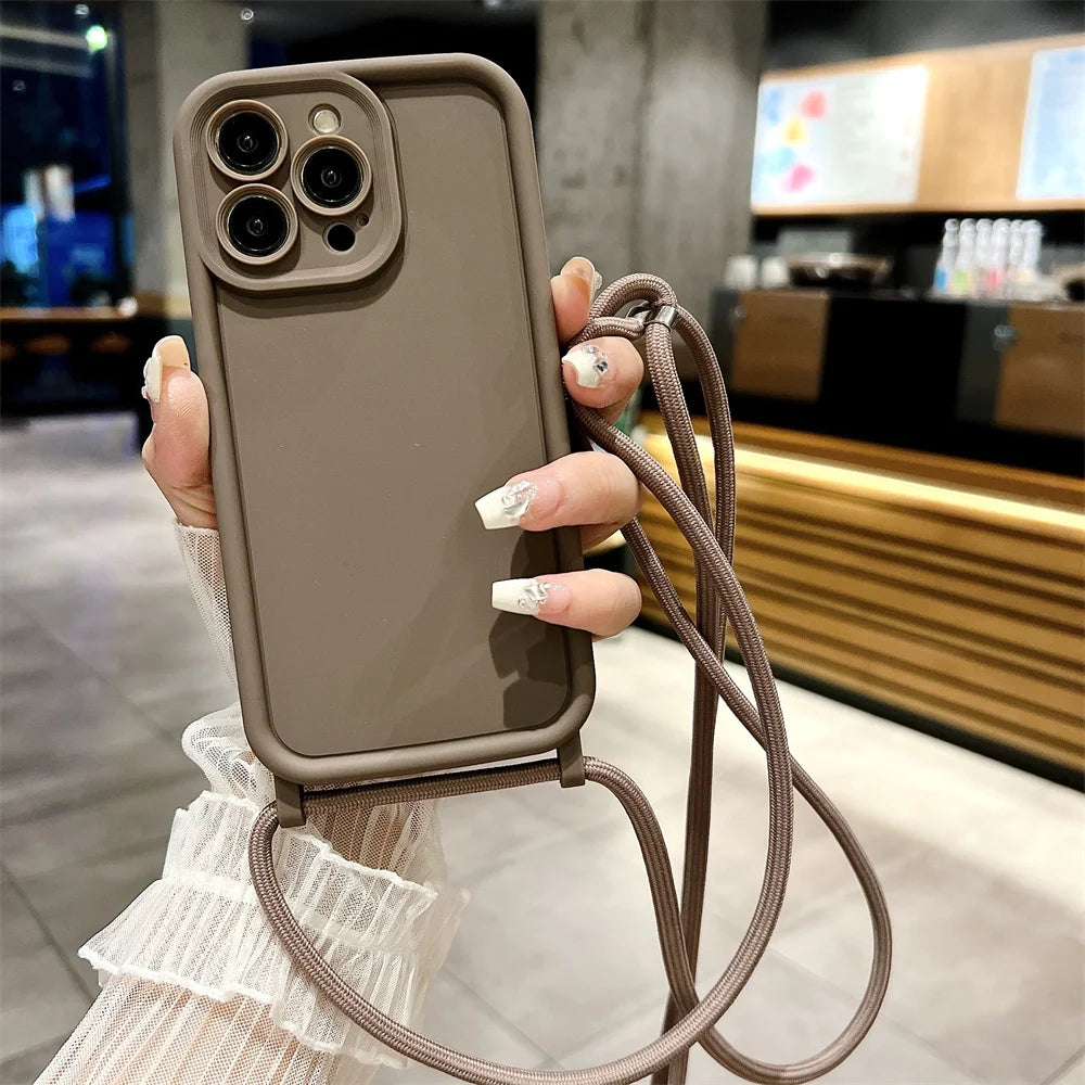 Phone Case For iPhone 14 13 15 16 Pro Max 17 Air 16E 12 11 X XR XS 7 8 Plus Crossbody Adjustable Lanyard Strap Rope Soft Cover