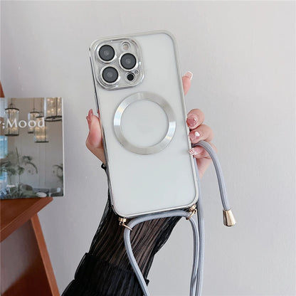 Plating Clear Magnetic For Magsafe Wireless Charging Cases For iPhone 16 15 14 17 12 13 Pro Max Crossbody Lanyard Necklace Cover