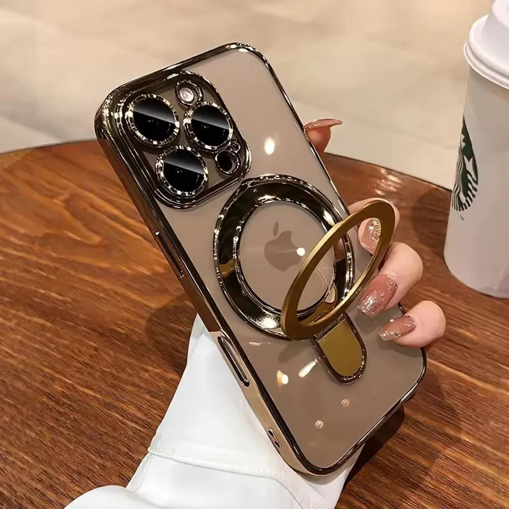 Luxury For Magsafe Bracket Case For iPhone 16 17 15 14 13 12 11 Pro Max 16 Plus Magnetic Ring Stand Holder Clear Acrylic Cover