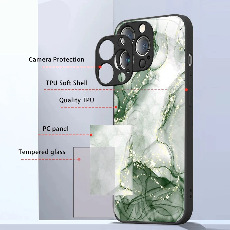 Fashion Colorful Marble Phone Case for IPhone 11 12 13 14 15 16 Pro Max Mini X XR XS 7 8Plus SE2 Shockproof Tempered Glass Cases