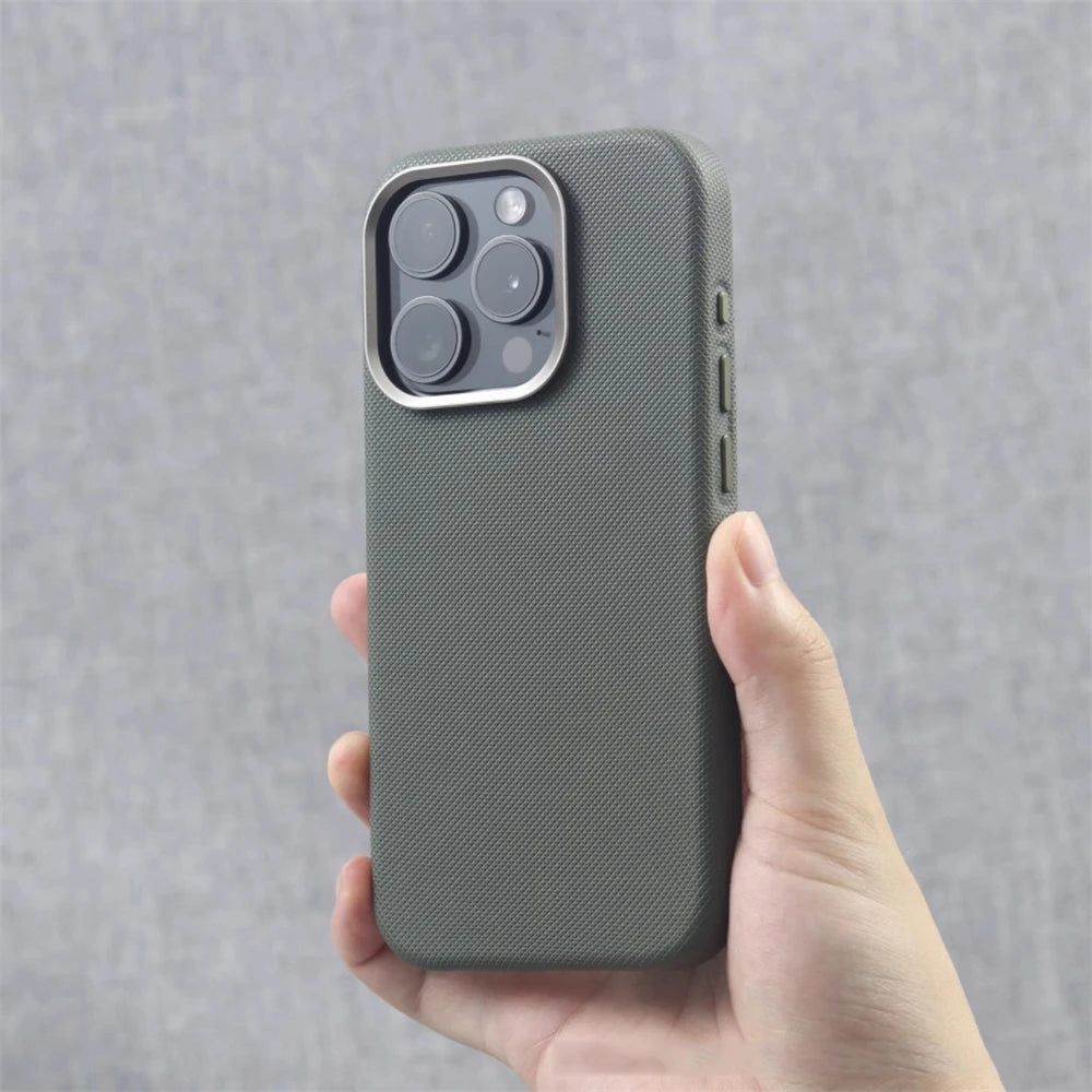 Luxury Alloy Lens Frame Particle PU Leather Magnetic Case For iPhone 17 16 Pro Max 15 14 13 For Magsafe Wireless Charging Cover