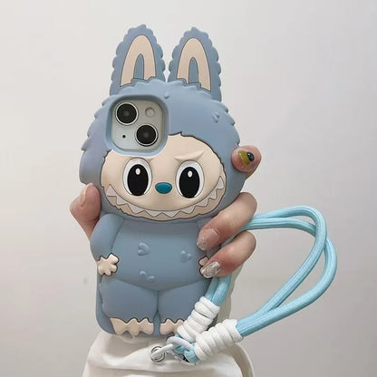 3D Cartoon Kawaii Monster Rabbit Soft Silicone Phone Case For iPhone 16 15 14 Plus 13 12 11 Pro Max 16promax With Lanyard Cover