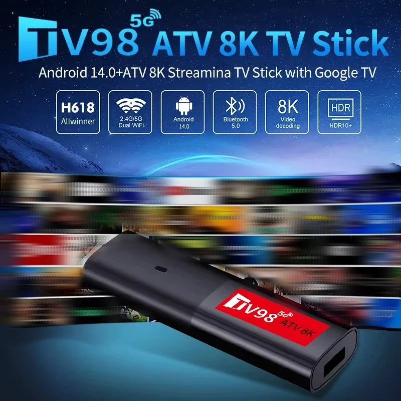 TV98 ATV Mini TV Stick Android 14 TV Stick HDR Set Top Box 8K Video WiFi 2.4/5G Streaming Smart TV Box for Network Media Player