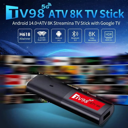TV98 ATV Mini TV Stick Android 14 TV Stick HDR Set Top Box 8K Video WiFi 2.4/5G Streaming Smart TV Box for Network Media Player