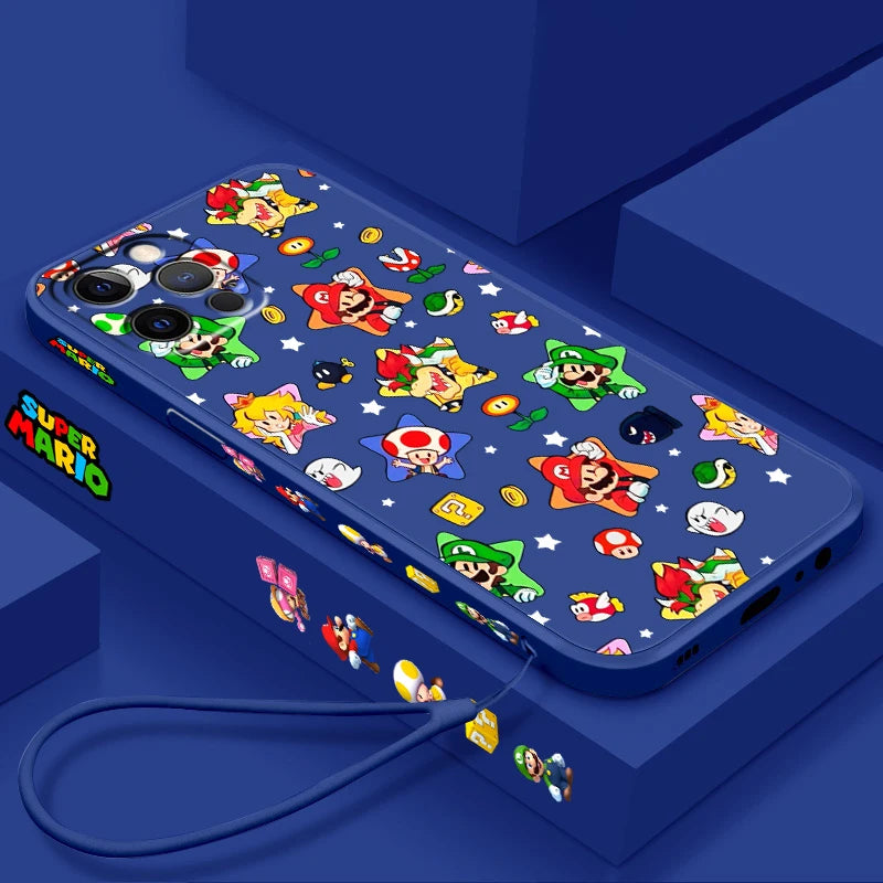 S-Super M-Marios B-Bros Cute Liquid Left Rope For Apple iPhone 15 14 13 12 11 XS XR X 8 7 SE Pro Max Plus Mini Funda Phone Case