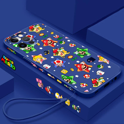 S-Super M-Marios B-Bros Cute Liquid Left Rope For Apple iPhone 15 14 13 12 11 XS XR X 8 7 SE Pro Max Plus Mini Funda Phone Case
