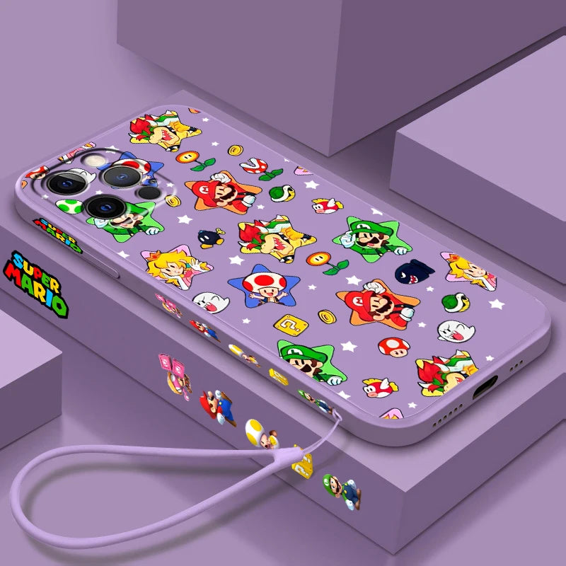 S-Super M-Marios B-Bros Cute Liquid Left Rope For Apple iPhone 15 14 13 12 11 XS XR X 8 7 SE Pro Max Plus Mini Funda Phone Case