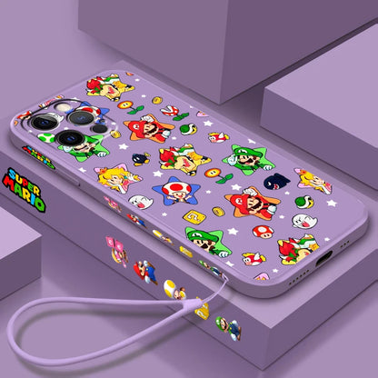 S-Super M-Marios B-Bros Cute Liquid Left Rope For Apple iPhone 15 14 13 12 11 XS XR X 8 7 SE Pro Max Plus Mini Funda Phone Case