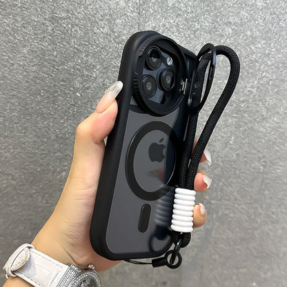 Fold Glass Lens Stand Magnetic Transparent Case For iPhone 17 16 15 14 13 12 11 Pro Max For Magsafe Wrist Strap Shockproof Cover