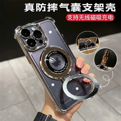 Wireless Charging Magsafe Ring Bracket Case For iPhone 17 Air 11 12 13 14 15 16 Pro Max Plus X XR XS Transparent Magnetic Cover