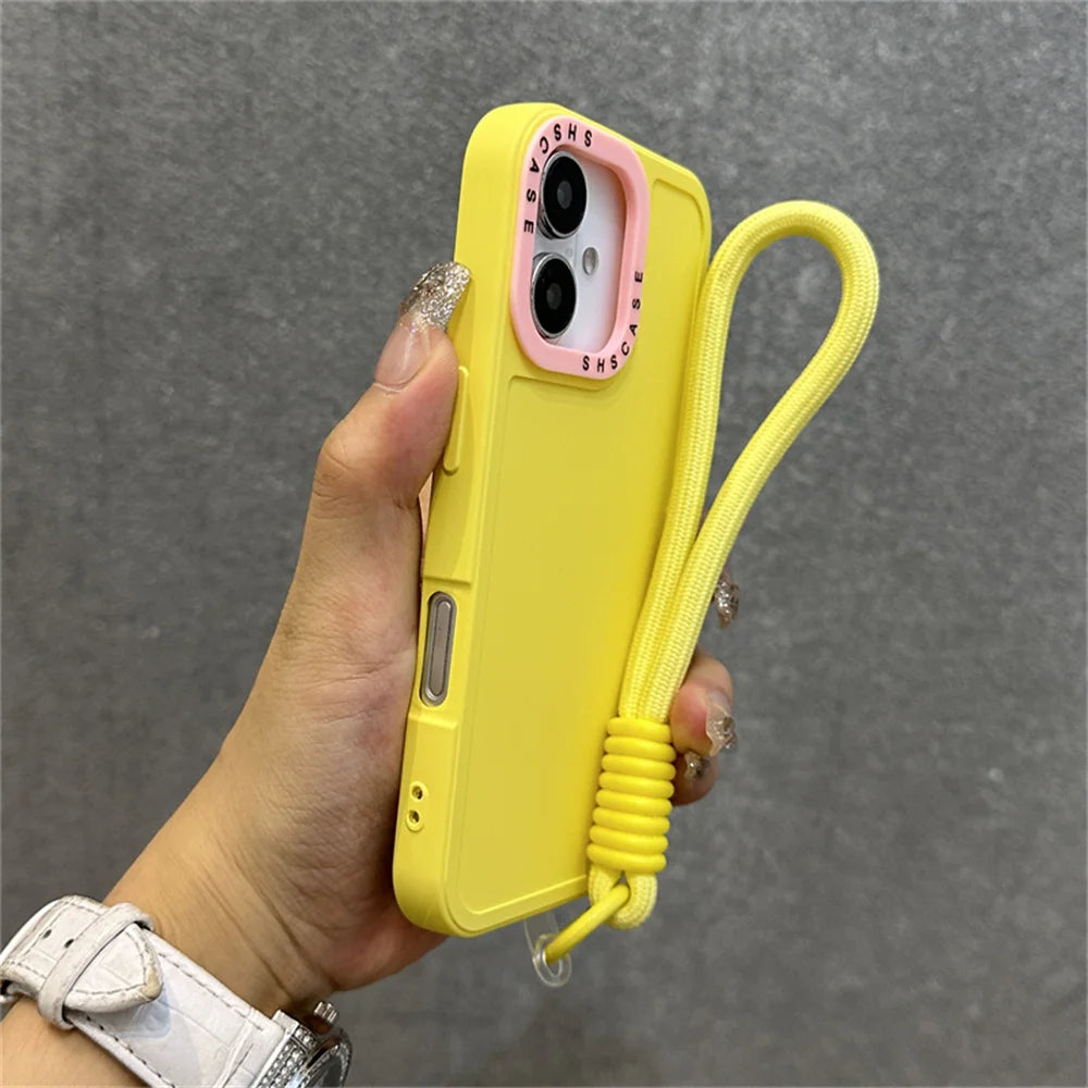 Luxury Wrist Strap Bracelet Lanyard Phone Case For iPhone 15 16 Pro Max 14 13 12 11 X XR XS Collision Color Lens Protector Cover