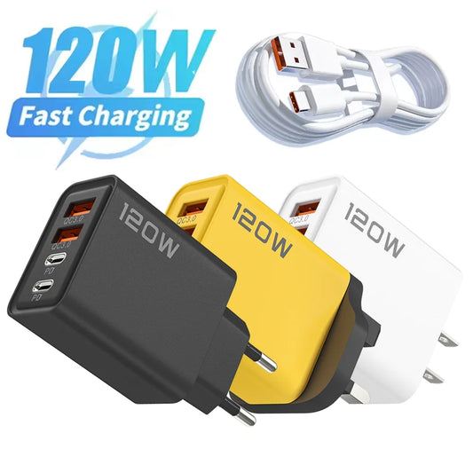 120W 4 Port USB Type C Charger Fast Charging Data Cable USB Phone Charger Adapter for Samsung iPhone Xiaomi Huawei Wall Charger