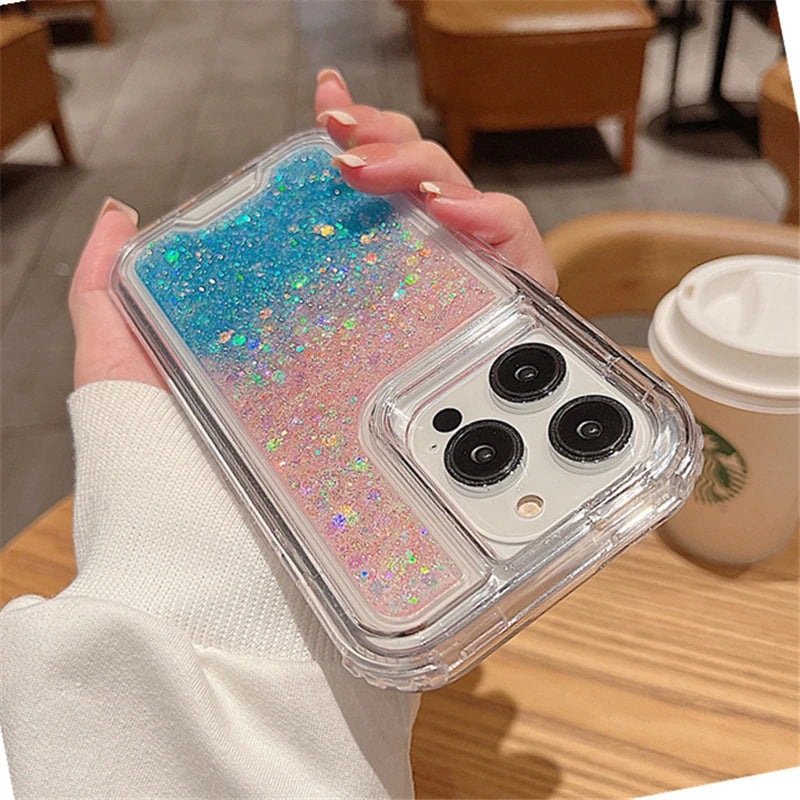 3in1 Gradient Glitter Bling Transparent Phone Case For iPhone 17 16 15 14 11 12 13 Pro Max Plus XR Heavy Shockproof Armor Cover