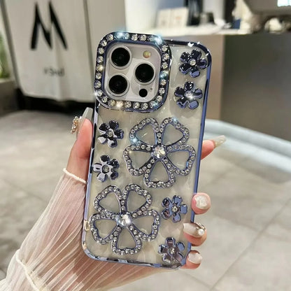 Glitter Diamond Flower Plating Case for iPhone 16 15 14 Pro Max 12 13 11 X Xr Xs 7 8 Plus Bling Rhinestone Soft TPU Clear Cover