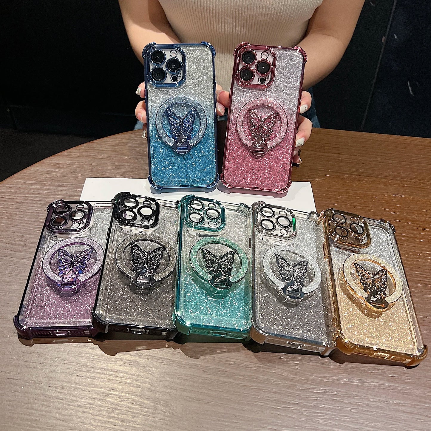 Luxury Butterfly Glitter Holder With Lens Film Phone Case For iPhone 11 12 13 14 15 16 Pro Max Plus Four Corner Anti Fall Cover
