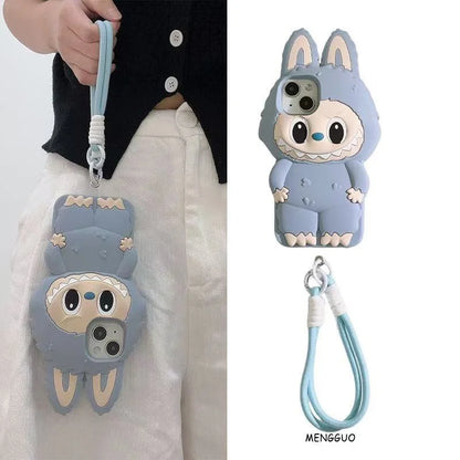 3D Cartoon Kawaii Monster Rabbit Soft Silicone Phone Case For iPhone 16 15 14 Plus 13 12 11 Pro Max 16promax With Lanyard Cover