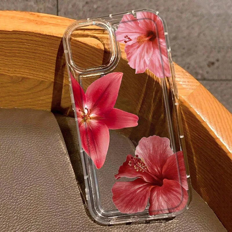 Cherry Flower Print Clear Case For iPhone 16 15 14 13 Pro Max 11 12 Mini X XR XS Max 7 8 Plus SE2 Stylish Shockproof Soft Cover