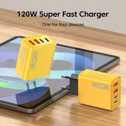 120W 4 Port USB Type C Charger Fast Charging Data Cable USB Phone Charger Adapter for Samsung iPhone Xiaomi Huawei Wall Charger