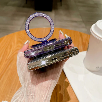 Luxury Diamond Clear Glitter Magsafe Case For Samsung Galaxy S25 S24 Ultra S23 S22 Plus Mirror Magnetic Phone Holder Stand Cover