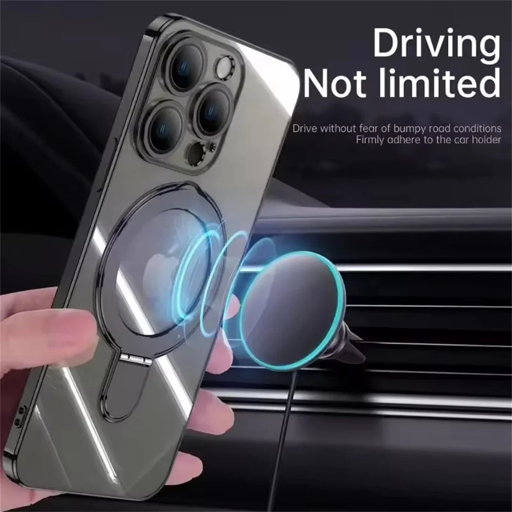 Luxury For Magsafe Bracket Case For iPhone 16 17 15 14 13 12 11 Pro Max 16 Plus Magnetic Ring Stand Holder Clear Acrylic Cover