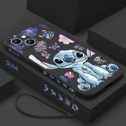 Stitch LOVE Flowers Cover For Apple iPhone 16 15 14 13 12 11 8 7 Pro mini Max Plus Liquid Left Rope Soft Phone Case
