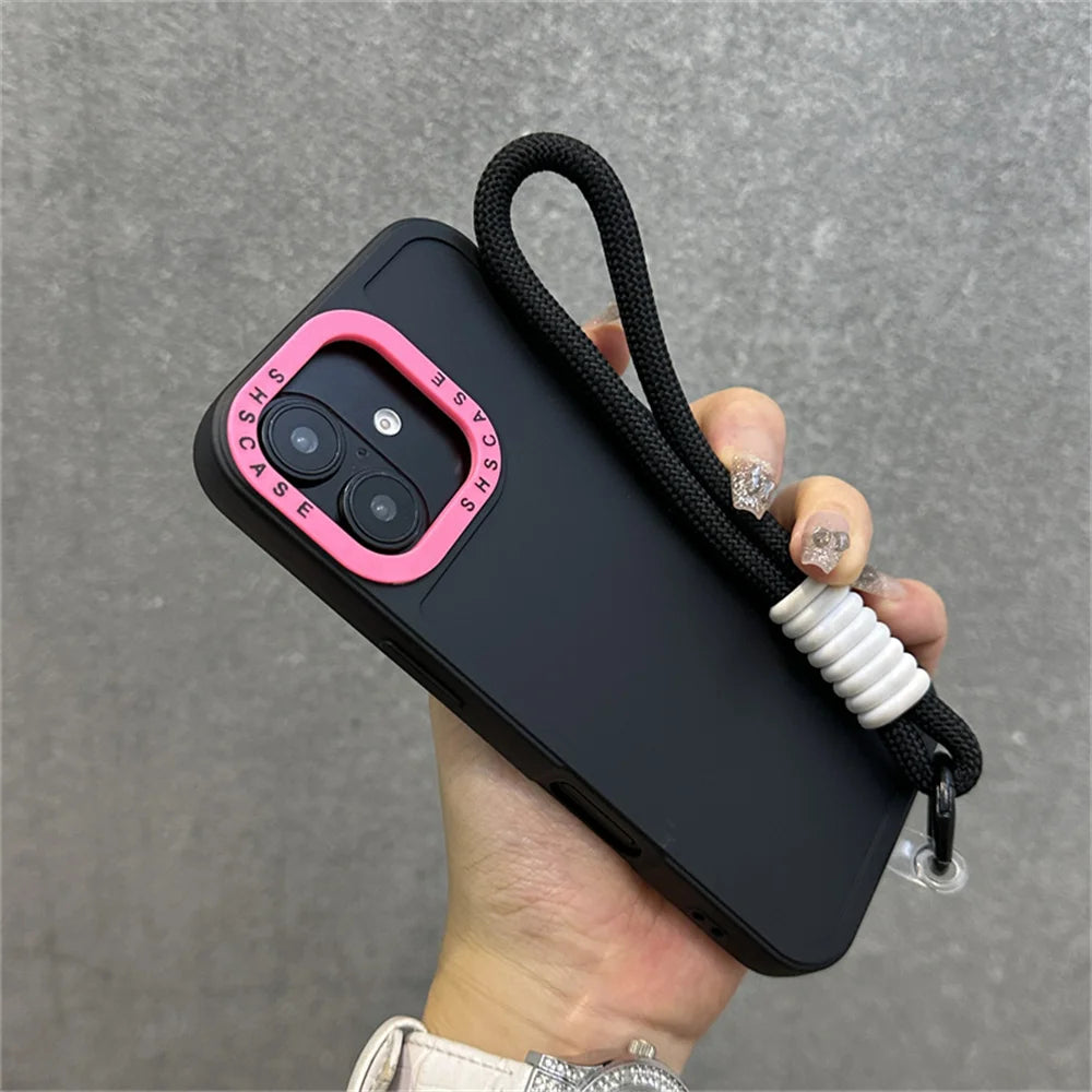 Luxury Wrist Strap Bracelet Lanyard Phone Case For iPhone 15 16 Pro Max 14 13 12 11 X XR XS Collision Color Lens Protector Cover
