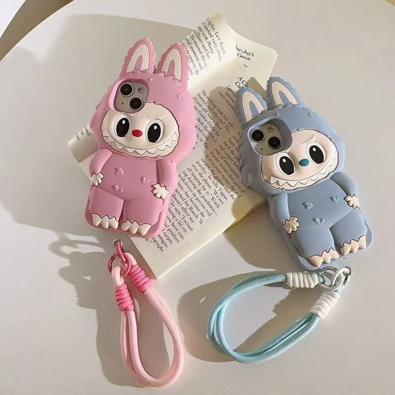 3D Cartoon Kawaii Monster Rabbit Soft Silicone Phone Case For iPhone 16 15 14 Plus 13 12 11 Pro Max 16promax With Lanyard Cover