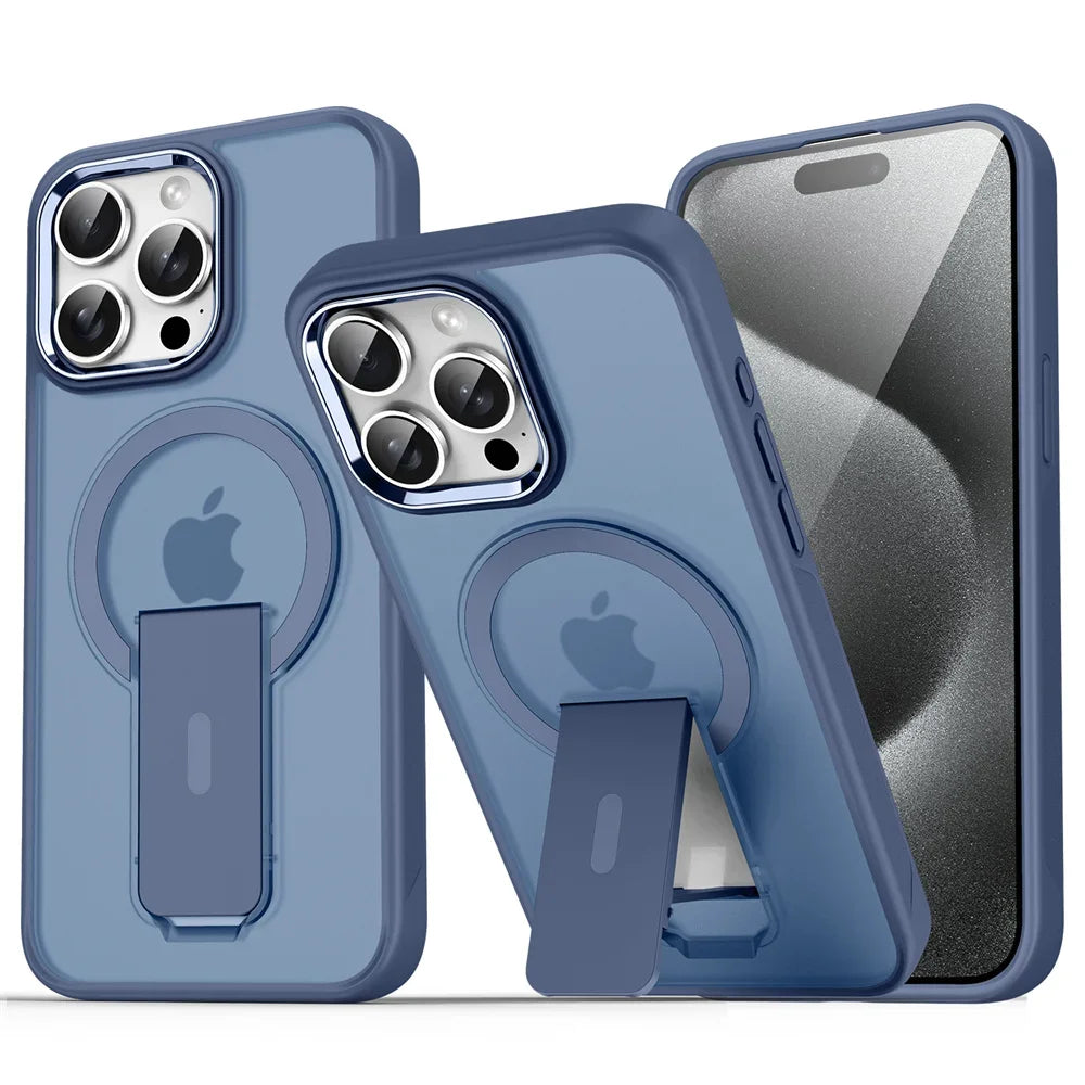 Luxury For Magsafe Folding Stand Magnetic Phone Case For iPhone 16 15 14 13 12 17 Pro Max Plus Matte Translucent Back Cover Caps