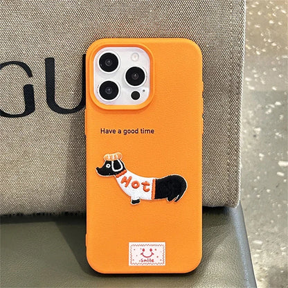 Korean Cute Cartoon Dachshund Litchi Pattern Phone Case For iPhone 15 14 13 12 16 Pro Max 11 Lovely Shockproof Soft Cover Funda