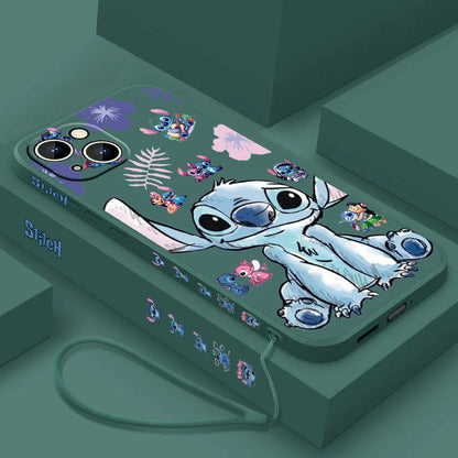 Stitch LOVE Flowers Cover For Apple iPhone 16 15 14 13 12 11 8 7 Pro mini Max Plus Liquid Left Rope Soft Phone Case