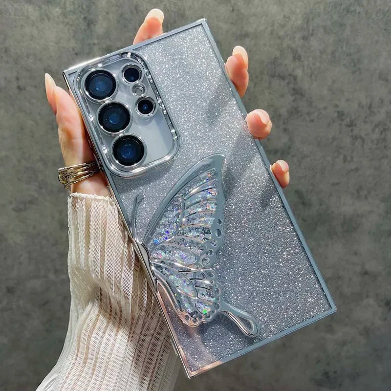 3D Glitter Butterfly Case for Samsung Galaxy S25 S24 S23 Plus Ultra FE A56 A36 A16 A06 A55 35 25 15 05S Clear Electroplate Cover