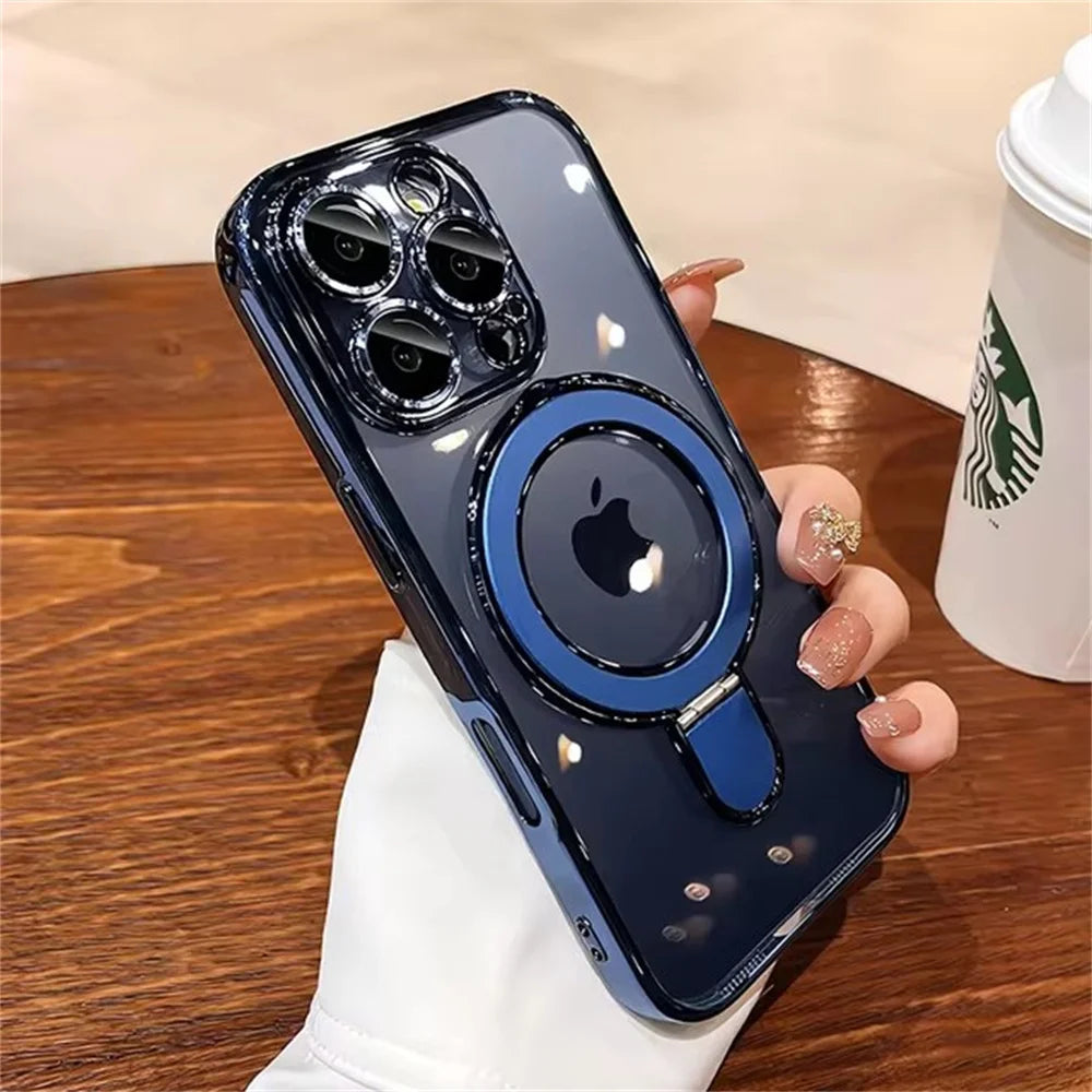 Luxury For Magsafe Bracket Case For iPhone 16 17 15 14 13 12 11 Pro Max 16 Plus Magnetic Ring Stand Holder Clear Acrylic Cover