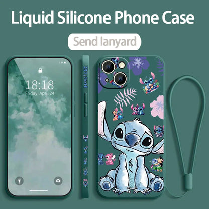 Stitch LOVE Flowers Cover For Apple iPhone 16 15 14 13 12 11 8 7 Pro mini Max Plus Liquid Left Rope Soft Phone Case