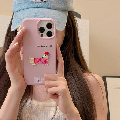 Korean Cute Cartoon Dachshund Litchi Pattern Phone Case For iPhone 15 14 13 12 16 Pro Max 11 Lovely Shockproof Soft Cover Funda