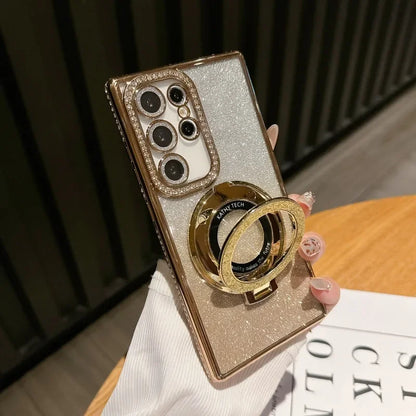 Luxury Magnetic Plating Stand Shockproof  Case For Samsung Galaxy S25 S24 S23 S22 Ultra Plus S24 FE Glitter Diamond BacK Cover