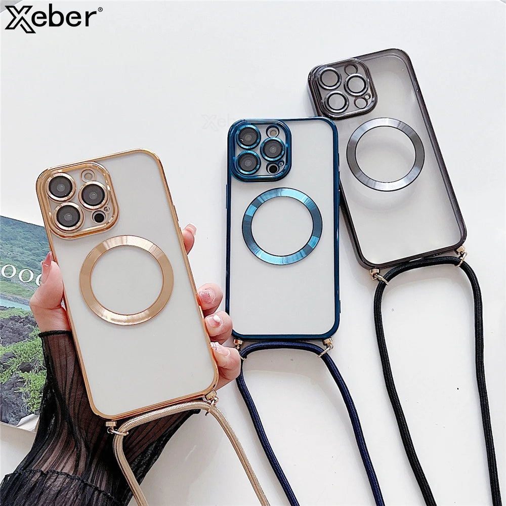 Plating Clear Magnetic For Magsafe Wireless Charging Cases For iPhone 16 15 14 17 12 13 Pro Max Crossbody Lanyard Necklace Cover