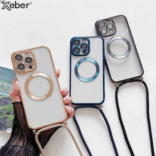 Plating Clear Magnetic For Magsafe Wireless Charging Cases For iPhone 16 15 14 17 12 13 Pro Max Crossbody Lanyard Necklace Cover