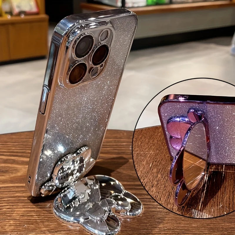 Glitter Gradient Plating Rabbit Mirror With Holder Case For iPhone 16 11 12 13 14 Plus 15 Pro Max Lens Protection Soft TPU Cover