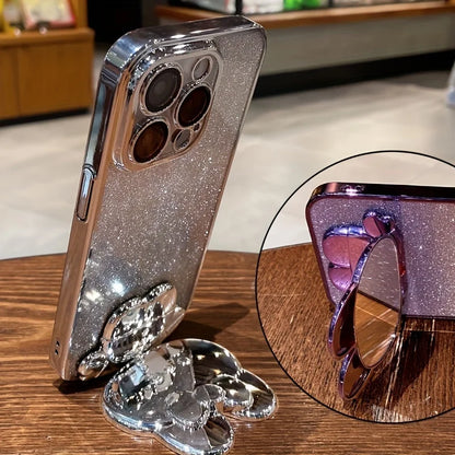 Glitter Gradient Plating Rabbit Mirror With Holder Case For iPhone 16 11 12 13 14 Plus 15 Pro Max Lens Protection Soft TPU Cover