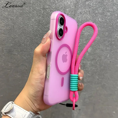 for Magsafe Candy Color Contrast Lanyard Case for iPhone 16 15 17 Pro Max 14 Plus 11 12 13 16e Hand Wrist Strap Matte Soft Cover