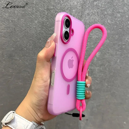 for Magsafe Candy Color Contrast Lanyard Case for iPhone 16 15 17 Pro Max 14 Plus 11 12 13 16e Hand Wrist Strap Matte Soft Cover