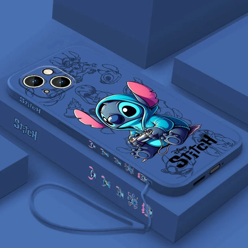 Stitch LOVE Flowers Cover For Apple iPhone 16 15 14 13 12 11 8 7 Pro mini Max Plus Liquid Left Rope Soft Phone Case