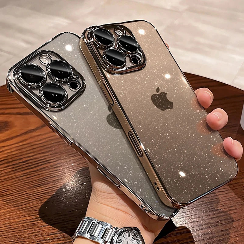 Luxury Glitter Transparent  PC Plating Case for iPhone 17 16 15 14 Pro Max Plus 13 11 12 Bling Clear Shockproof Ultra Slim Cover