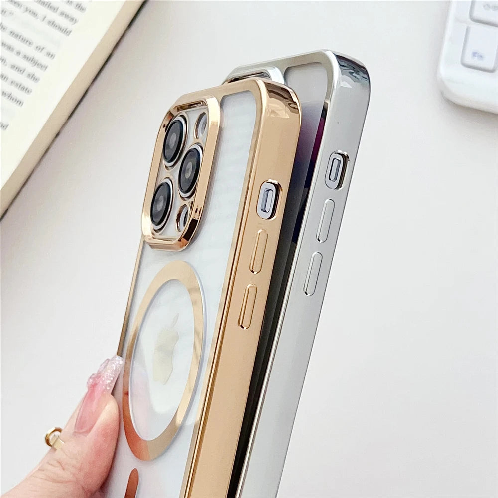 Luxury Necklace Cord Rope Lanyard Plating Magnetic Clear Phone Case For iPhone 16 14 11 12 13 15 17 Pro Max For Magsafe Cover