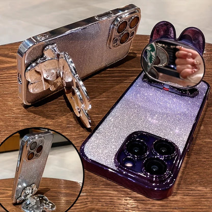 Glitter Gradient Plating Rabbit Mirror With Holder Case For iPhone 16 11 12 13 14 Plus 15 Pro Max Lens Protection Soft TPU Cover