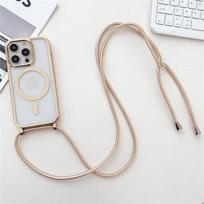 Luxury Necklace Cord Rope Lanyard Plating Magnetic Clear Phone Case For iPhone 16 14 11 12 13 15 17 Pro Max For Magsafe Cover
